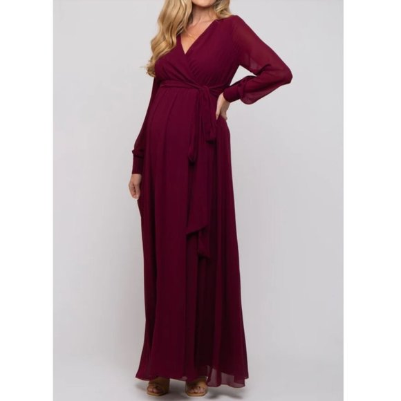 Burgundy Long Formal Chiffon Maternity Wrap Dress, NWOT - Picture 3 of 4